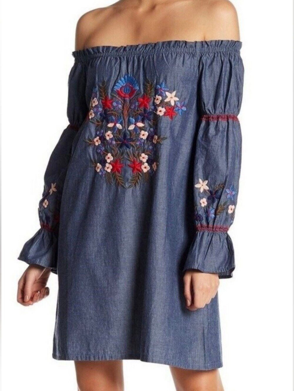 Girls' Off-Shoulder Embroidered Denim Dress - Blue